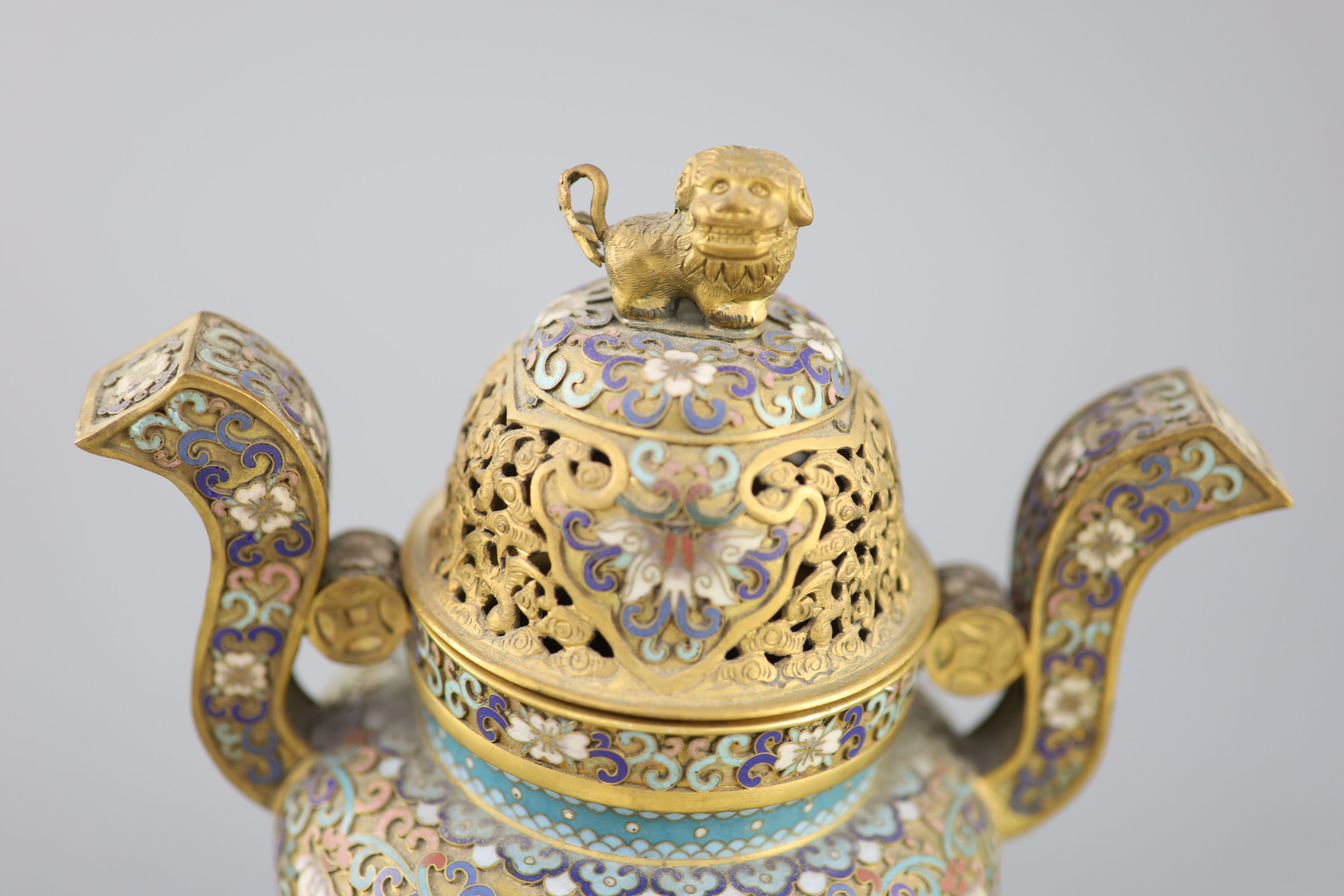 A Chinese cloisonne enamel and gilt copper tripod censer, early Republic period, c.1920, 21.5cm high